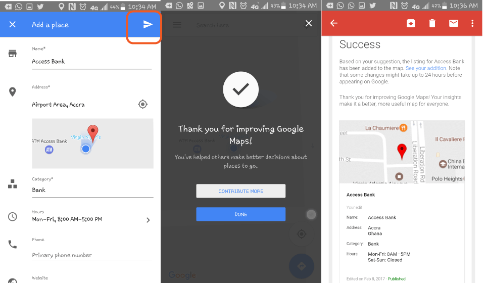 When you are done, submit by tapping the submit button. If you did everything right, you should receive a notification on screen saying "Thank you for Improving Google Maps". You should also receive an email when Google verifies that you have actually added a genuine place.