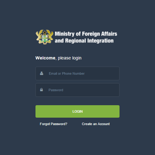 The Log In Screen for the Online Ghana Passport Application