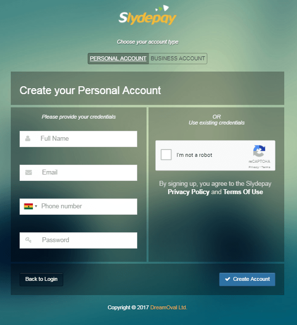 Registration Screen for Slydepay