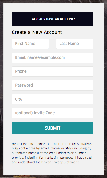 A sign up form on Uber's website