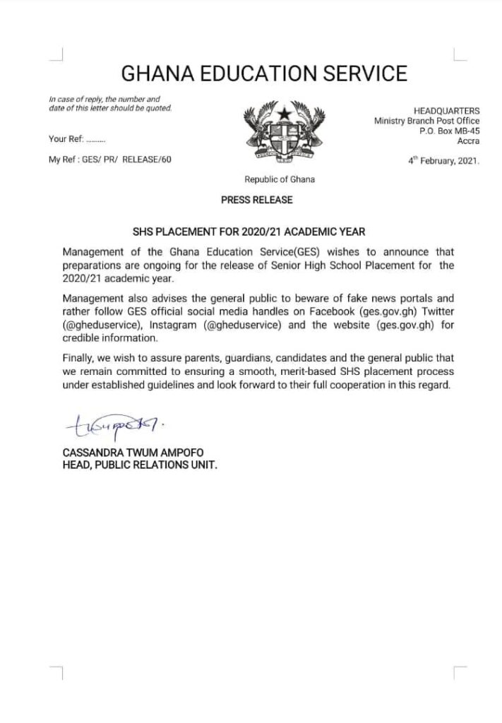 SHS School Placement: GES gives a new update on the online release